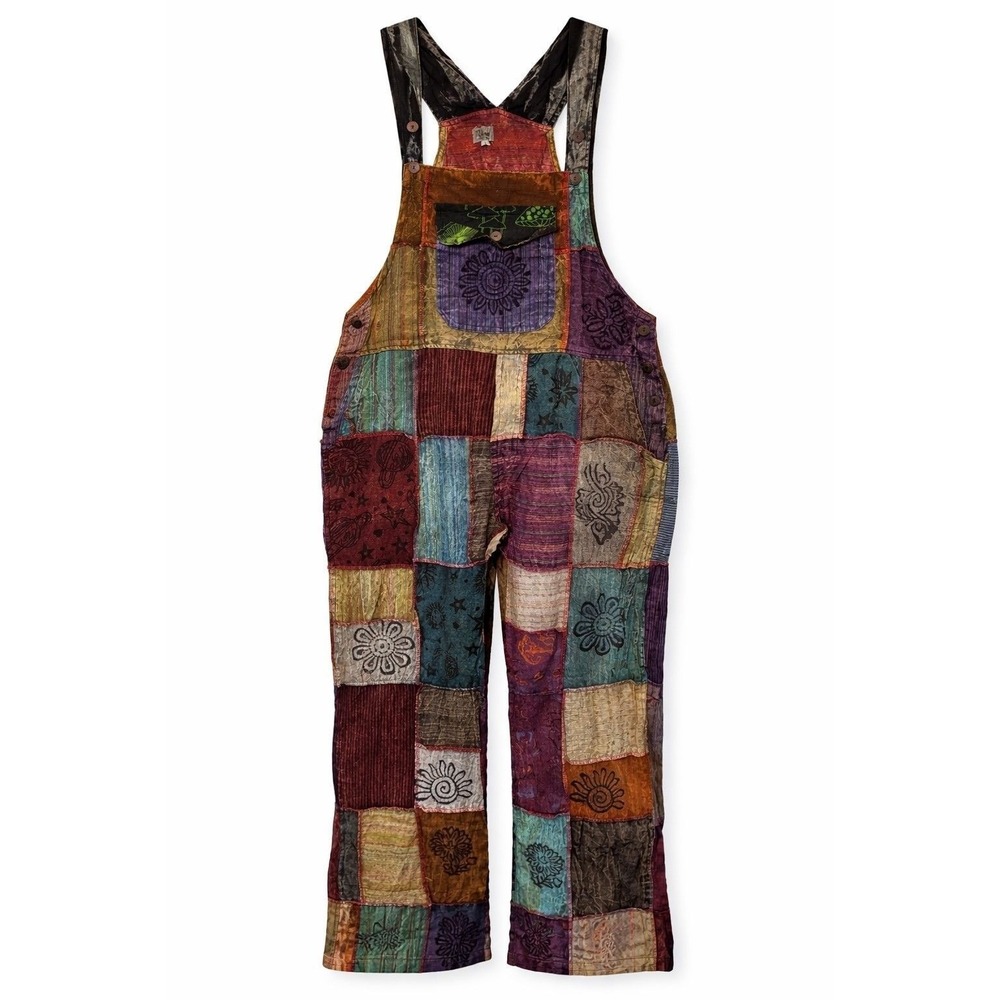 Rhea Patchwork Boho Hippie Celestial Block Print Overalls Large Unisex‎